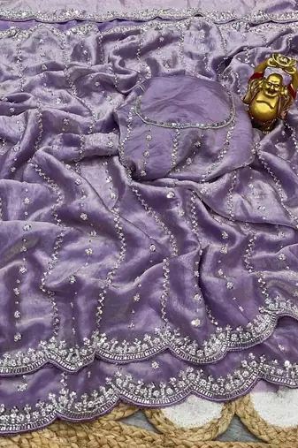 Lavender Color Original beeds work Space Silk Blend Saree