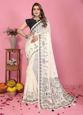 white color printed work cotton blend saree 1