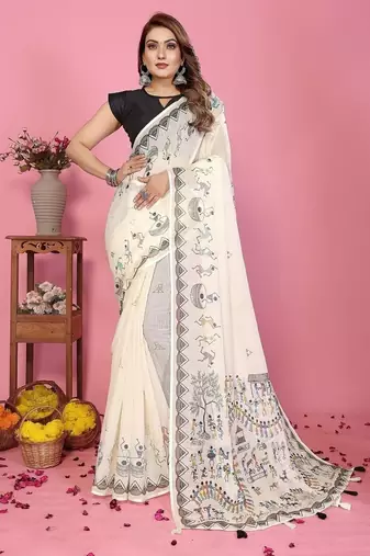white color printed work cotton blend saree