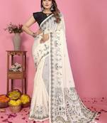 white color printed work cotton blend saree