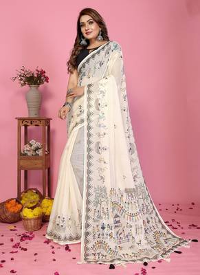 white color printed work cotton blend saree 2
