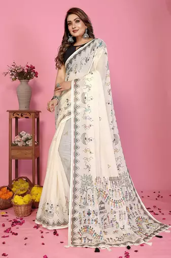 white color printed work cotton blend saree