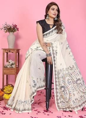 white color printed work cotton blend saree 3