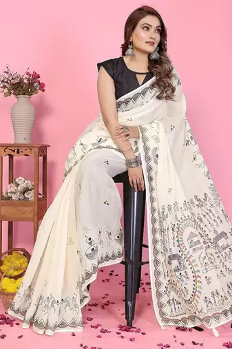 white color printed work cotton blend saree