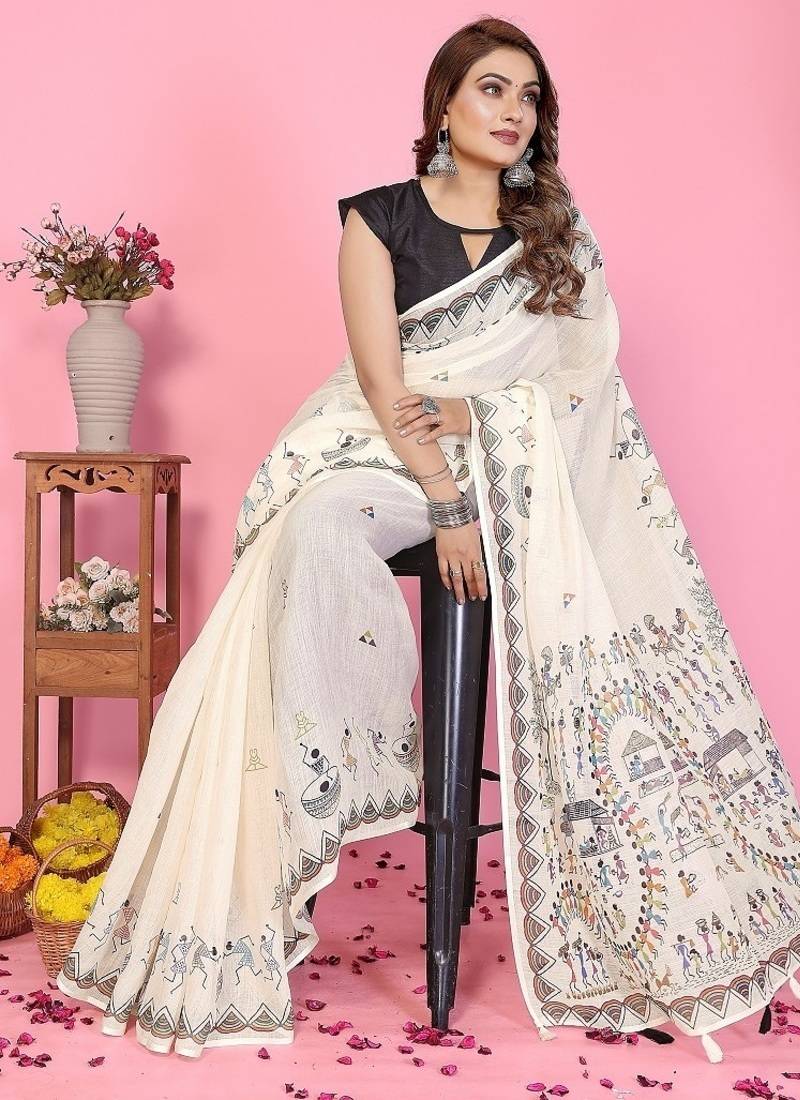 white color printed work cotton blend saree
