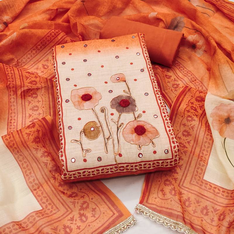 multicolor printed  linen cotton unstitched dress material 