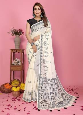 white color printed work cotton blend saree 1