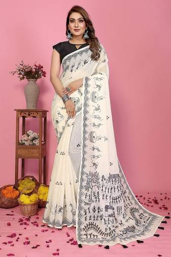 white printed work cotton blend saree