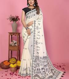 white color printed work cotton blend saree