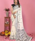 white color printed work cotton blend saree
