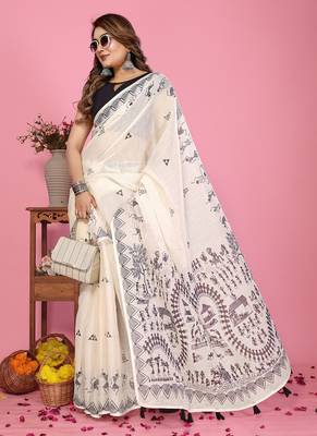 white color printed work cotton blend saree 2