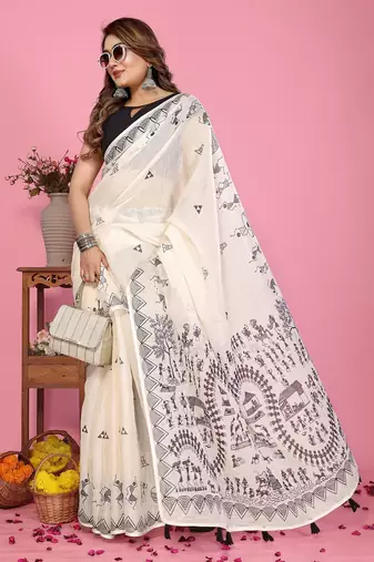 white color printed work cotton blend saree