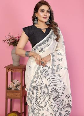 white color printed work cotton blend saree 3