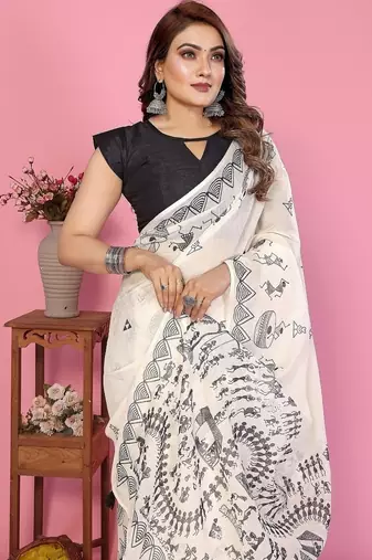 white color printed work cotton blend saree