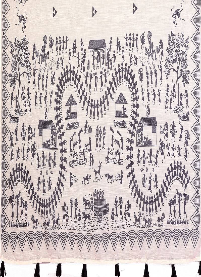 white color printed work cotton blend saree