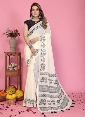 white color printed work cotton blend saree 1