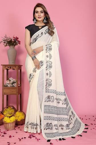 white printed work cotton blend saree
