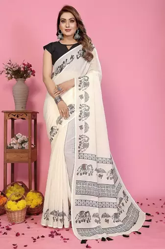 white color printed work cotton blend saree