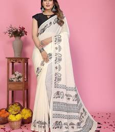 white color printed work cotton blend saree