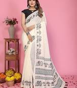 white color printed work cotton blend saree