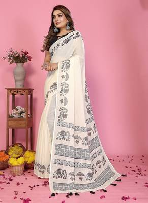 white color printed work cotton blend saree 2