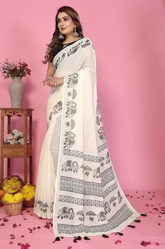white color printed work cotton blend saree