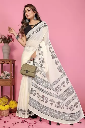 white color printed work cotton blend saree