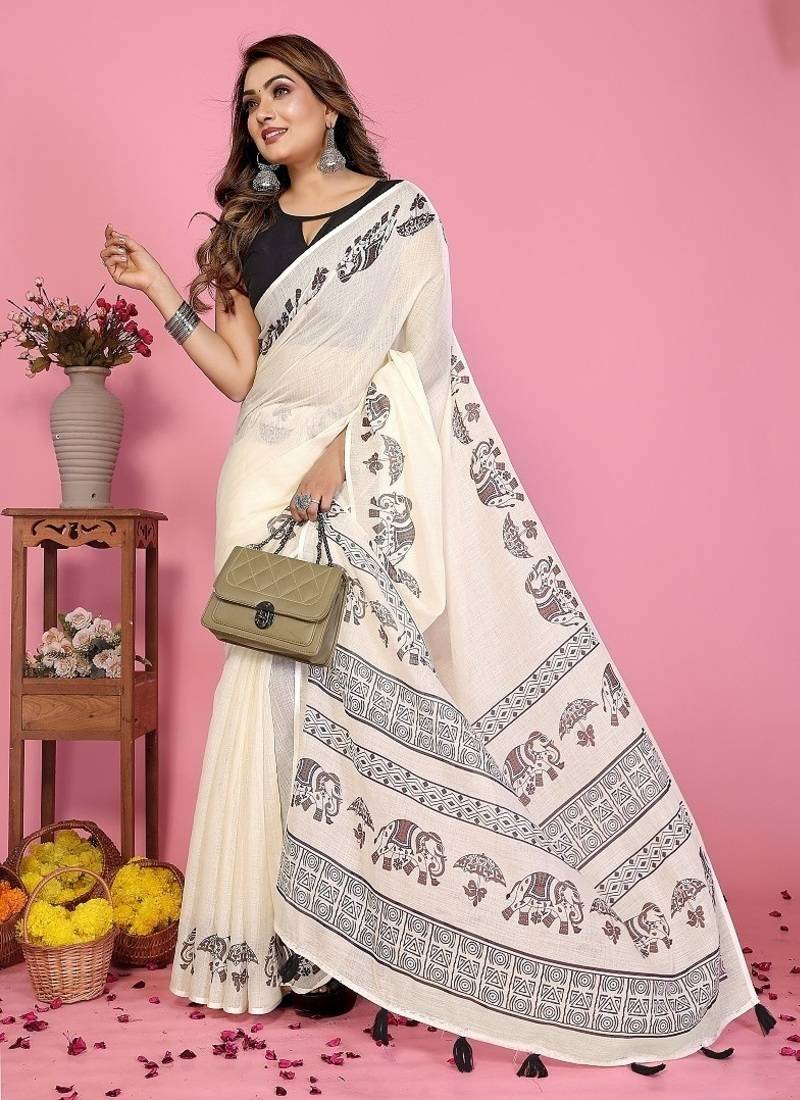 white color printed work cotton blend saree