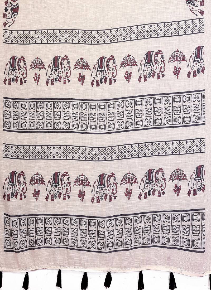 white color printed work cotton blend saree