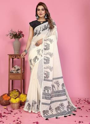 white color printed work cotton blend saree 1