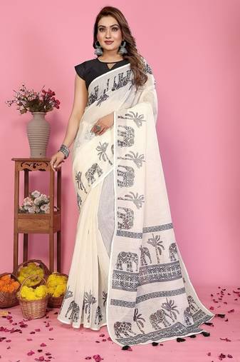 white printed work cotton blend saree