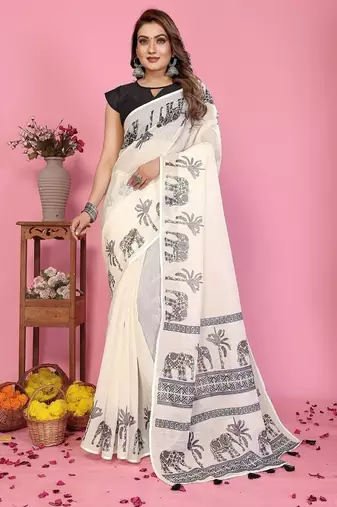 white color printed work cotton blend saree