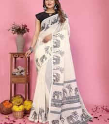white color printed work cotton blend saree