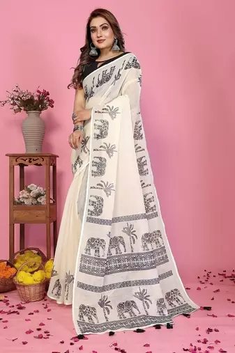 white color printed work cotton blend saree