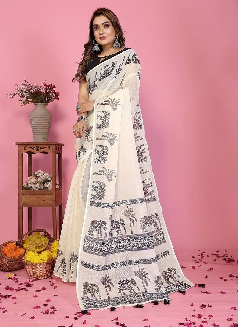 white color printed work cotton blend saree