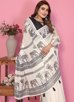 white color printed work cotton blend saree 3