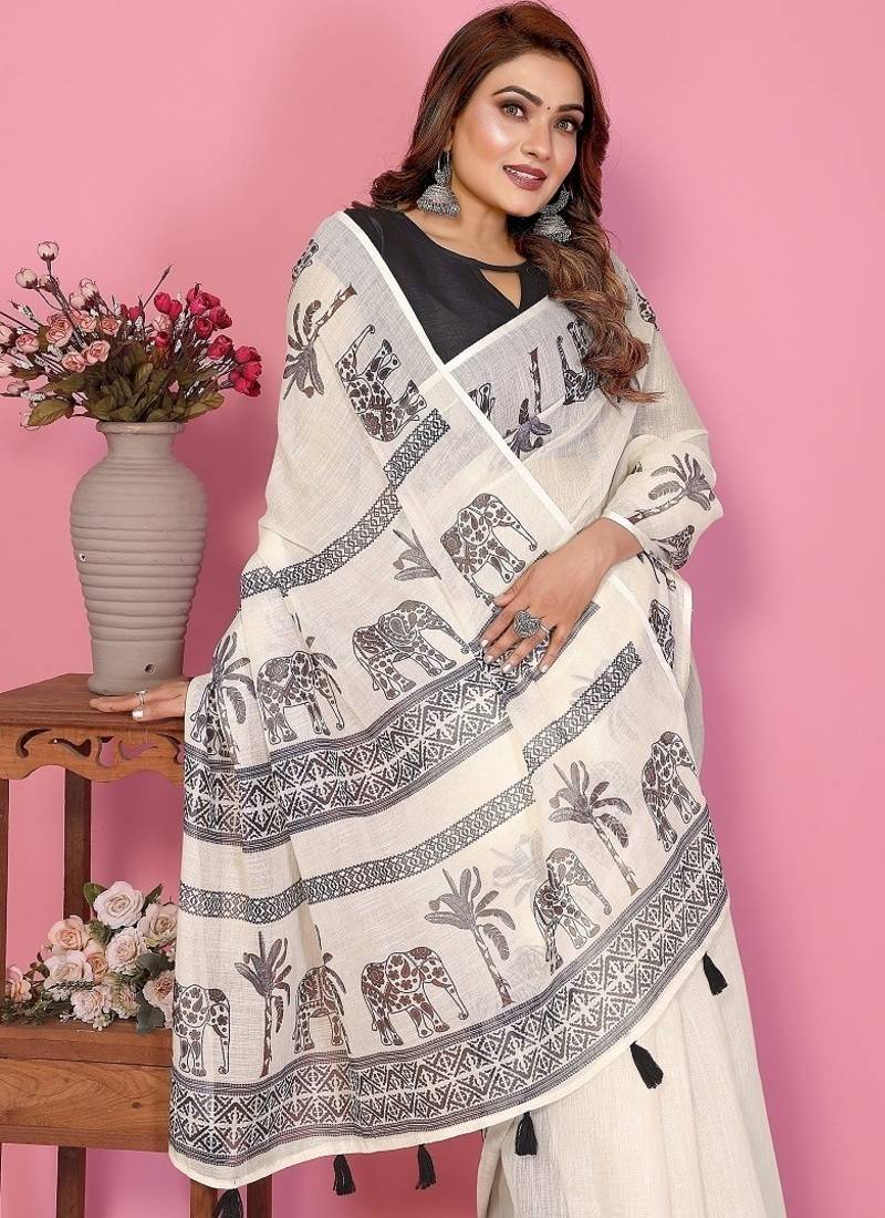 white color printed work cotton blend saree