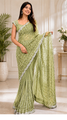 Light Green Color Original beeds work Space Silk Blend Saree 1