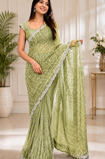 Light Green Color Original beeds work Space Silk Blend Saree