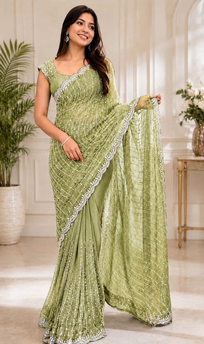 Light Green Color Original beeds work Space Silk Blend Saree