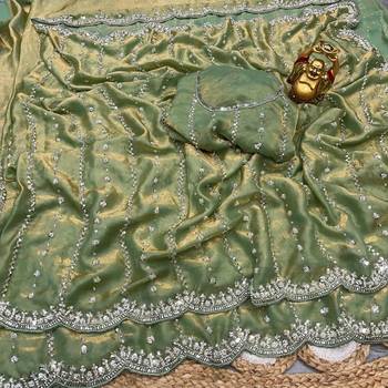 Light Green Color Original beeds work Space Silk Blend Saree 3