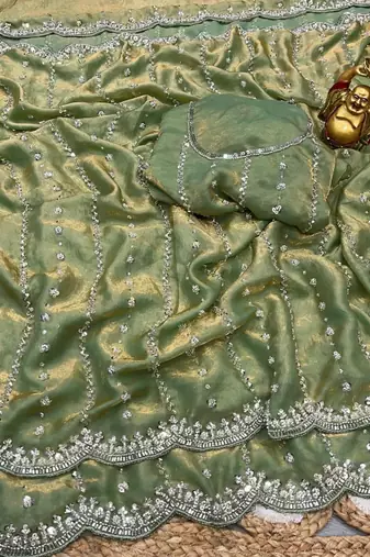 Light Green Color Original beeds work Space Silk Blend Saree