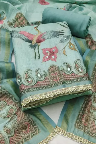 multicolor printed  linen cotton unstitched dress material 