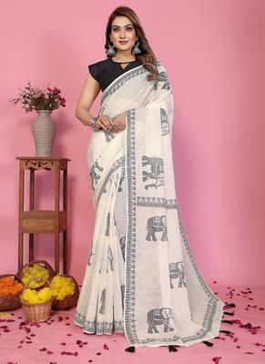 white color printed work cotton blend saree 1
