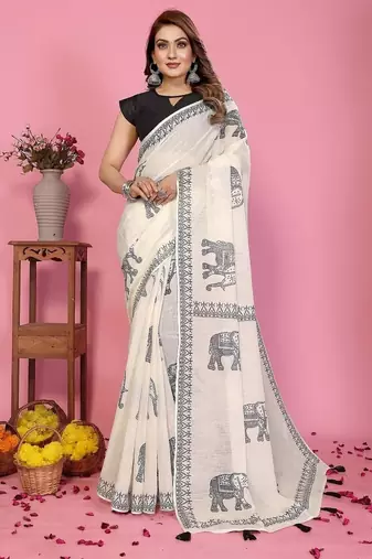 white color printed work cotton blend saree