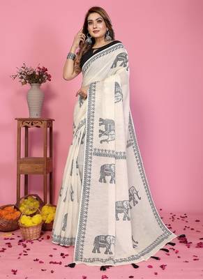 white color printed work cotton blend saree 2