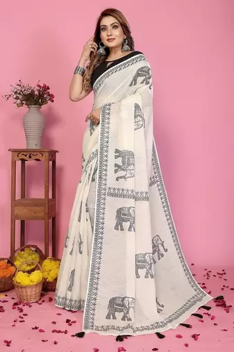 white color printed work cotton blend saree
