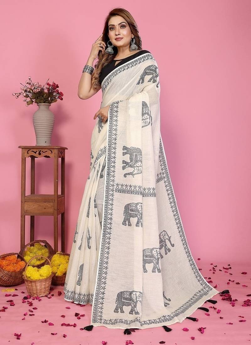 white color printed work cotton blend saree