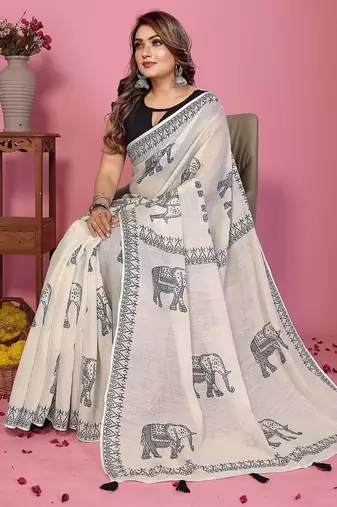 white color printed work cotton blend saree