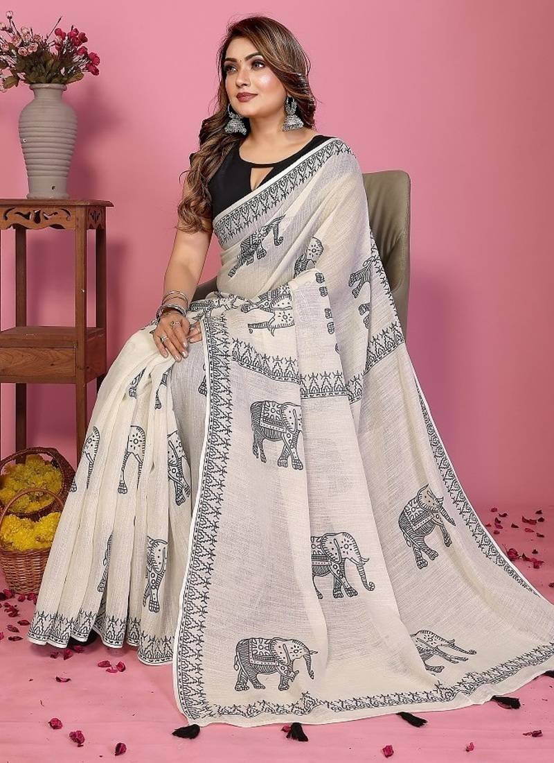 white color printed work cotton blend saree